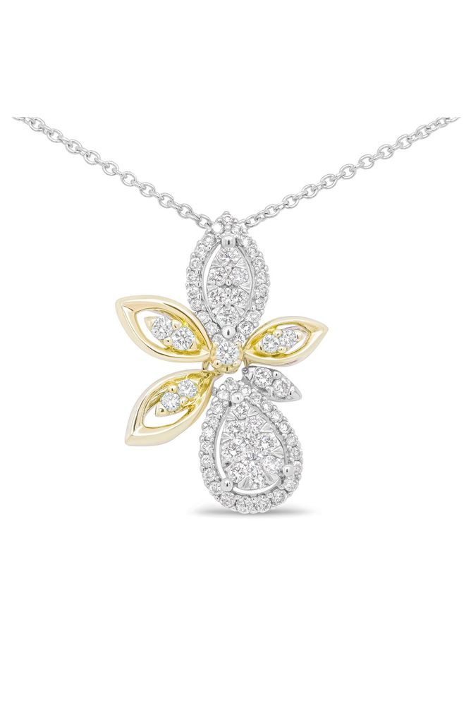 14K White and Yellow Gold 5/8 Cttw Round Diamond Marquise Floral Style Necklace